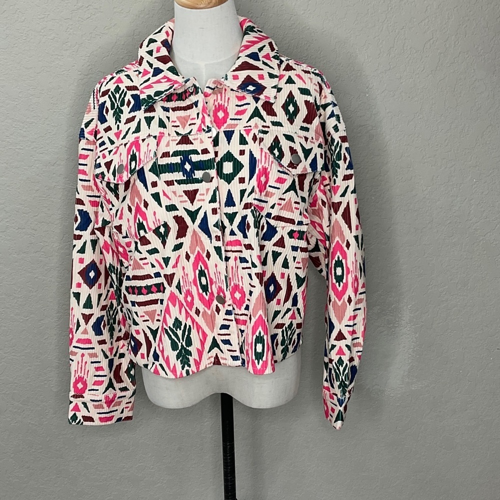 011 - Savanna Jane NWT Multicolor Geometric Corduroy Jacket, Size Small - Picture 2 of 7